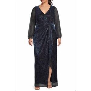 NEW ADRIANNA PAPELL metallic mesh surplice v-neck long sleeve a-line dress - plu